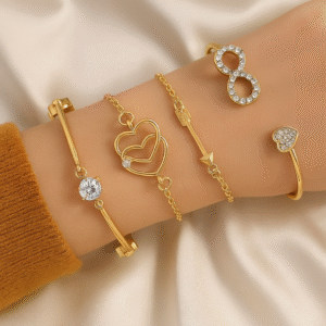 Women's Street Style Love Bracelet Set – 4-Piece Alloy Chain & Heart Design