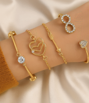 Women's Street Style Love Bracelet Set – 4-Piece Alloy Chain & Heart Design