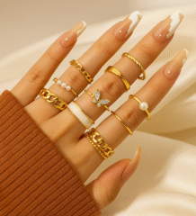10 Pcs Women's Geometric Open Rings – Gold Plated with Artificial Pearls & Rhinestones (Adjustable)