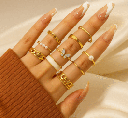 10 Pcs Women's Geometric Open Rings – Gold Plated with Artificial Pearls & Rhinestones (Adjustable)