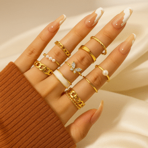 10 Pcs Women's Geometric Open Rings – Gold Plated with Artificial Pearls & Rhinestones (Adjustable)