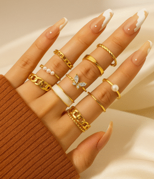10 Pcs Women's Geometric Open Rings – Gold Plated with Artificial Pearls & Rhinestones (Adjustable)
