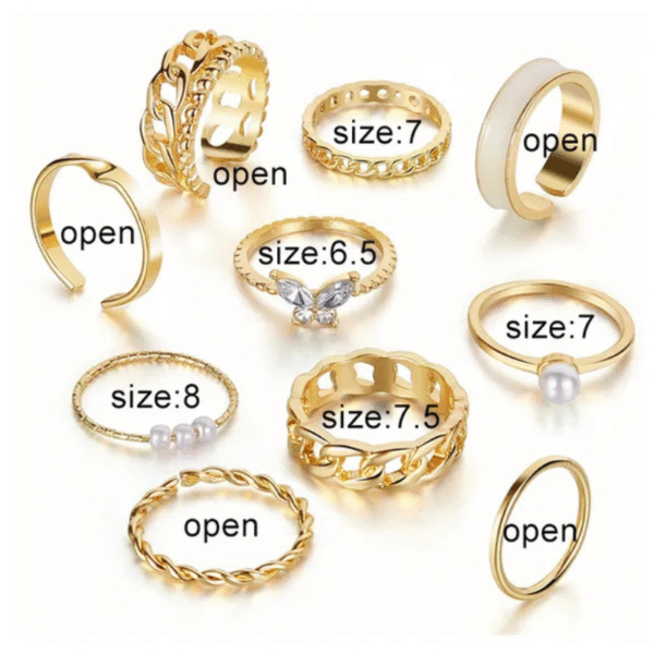 10 Pcs Women's Geometric Open Rings – Gold Plated with Artificial Pearls & Rhinestones (Adjustable)