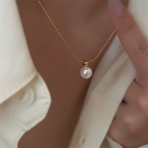 Women's Elegant Round Pendant Necklace – Titanium Steel with Artificial Pearl Inlay